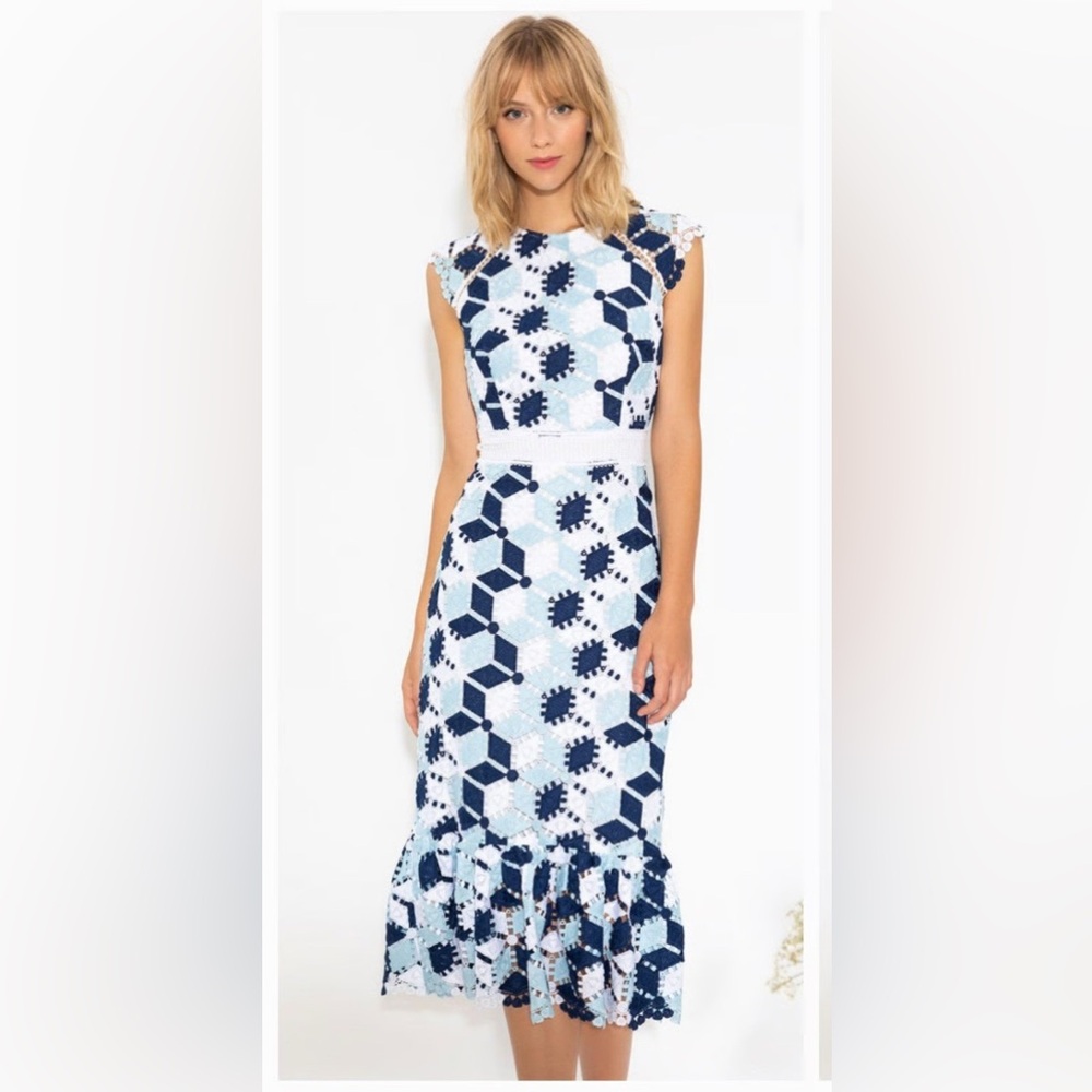 Shoshanna Blue and White Patterned, Embroidered Midi Dress.